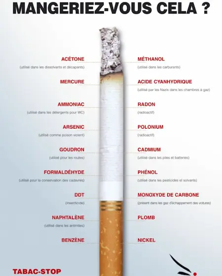 Infographie détaillant la composition chimique toxique et les poisons contenus dans une cigarette